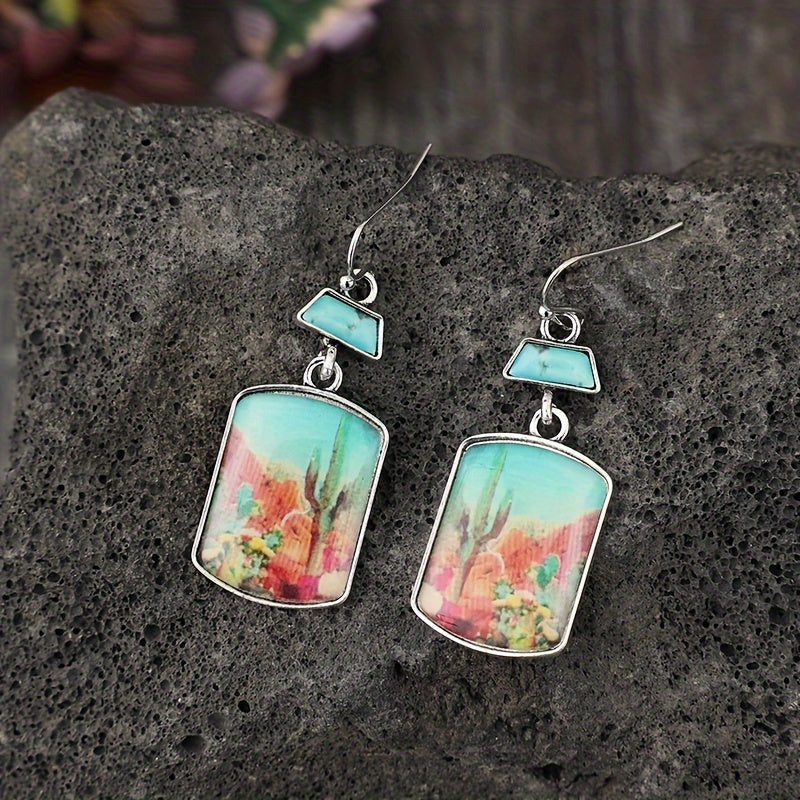 A pair of retro western style desert cactus Epoxy square alloy earrings, simple female Epoxy earrings