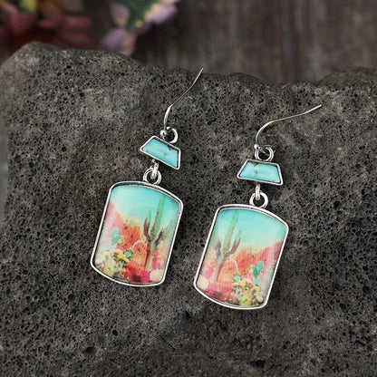 A pair of retro western style desert cactus Epoxy square alloy earrings, simple female Epoxy earrings