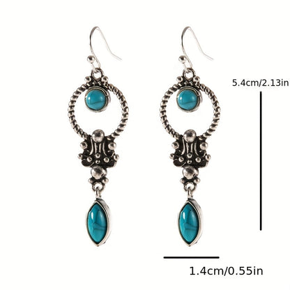 Hollow silver circle design with blue turquoise drop earrings retro bohemian travel souvenir