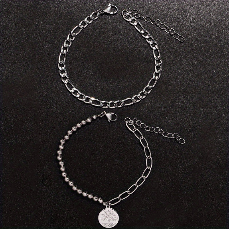 Two Punk Style Tree of Life Copper Pendant Stainless Steel Chain Men's Bracelet Set for Party, Casual, Holiday and Travel Accessories