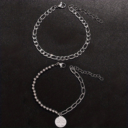 Two Punk Style Tree of Life Copper Pendant Stainless Steel Chain Men's Bracelet Set for Party, Casual, Holiday and Travel Accessories