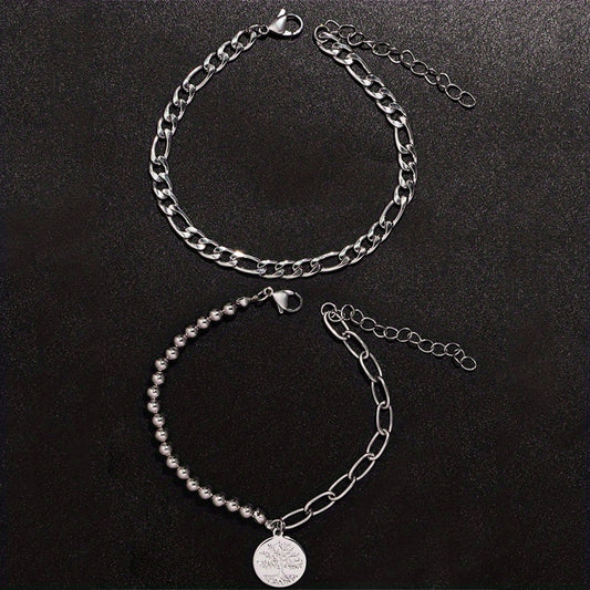 Two Punk Style Tree of Life Copper Pendant Stainless Steel Chain Men's Bracelet Set for Party, Casual, Holiday and Travel Accessories