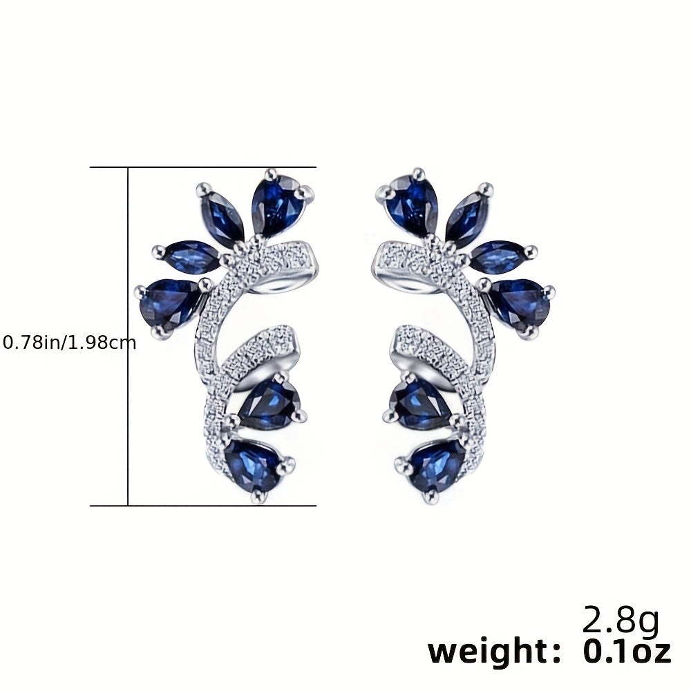 Flower stud earrings with Zirconia climbing vine earrings, 925 silver-plated, party and holiday decoration, lady's gift, a pair.
