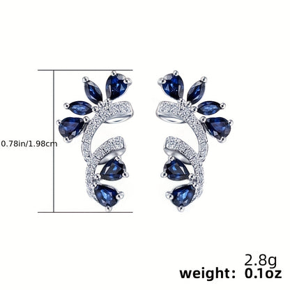 Flower stud earrings with Zirconia climbing vine earrings, 925 silver-plated, party and holiday decoration, lady's gift, a pair.
