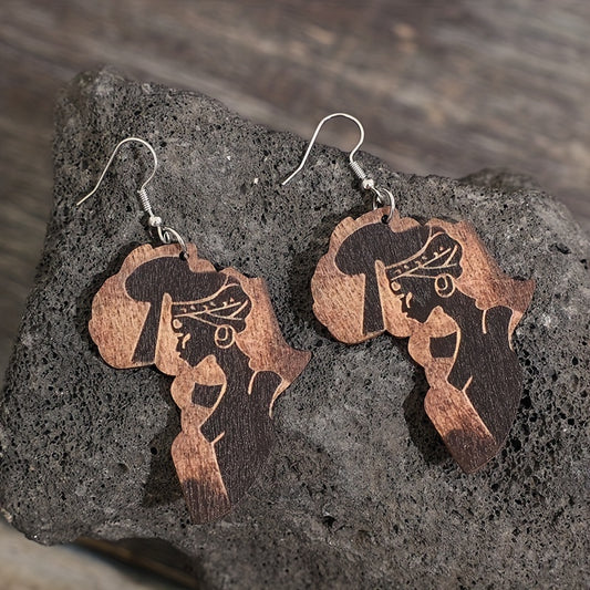 Africa map creative design, with black beautiful pattern, pendant earrings, retro ethnic style wooden jewelry, fashionable women's gifts