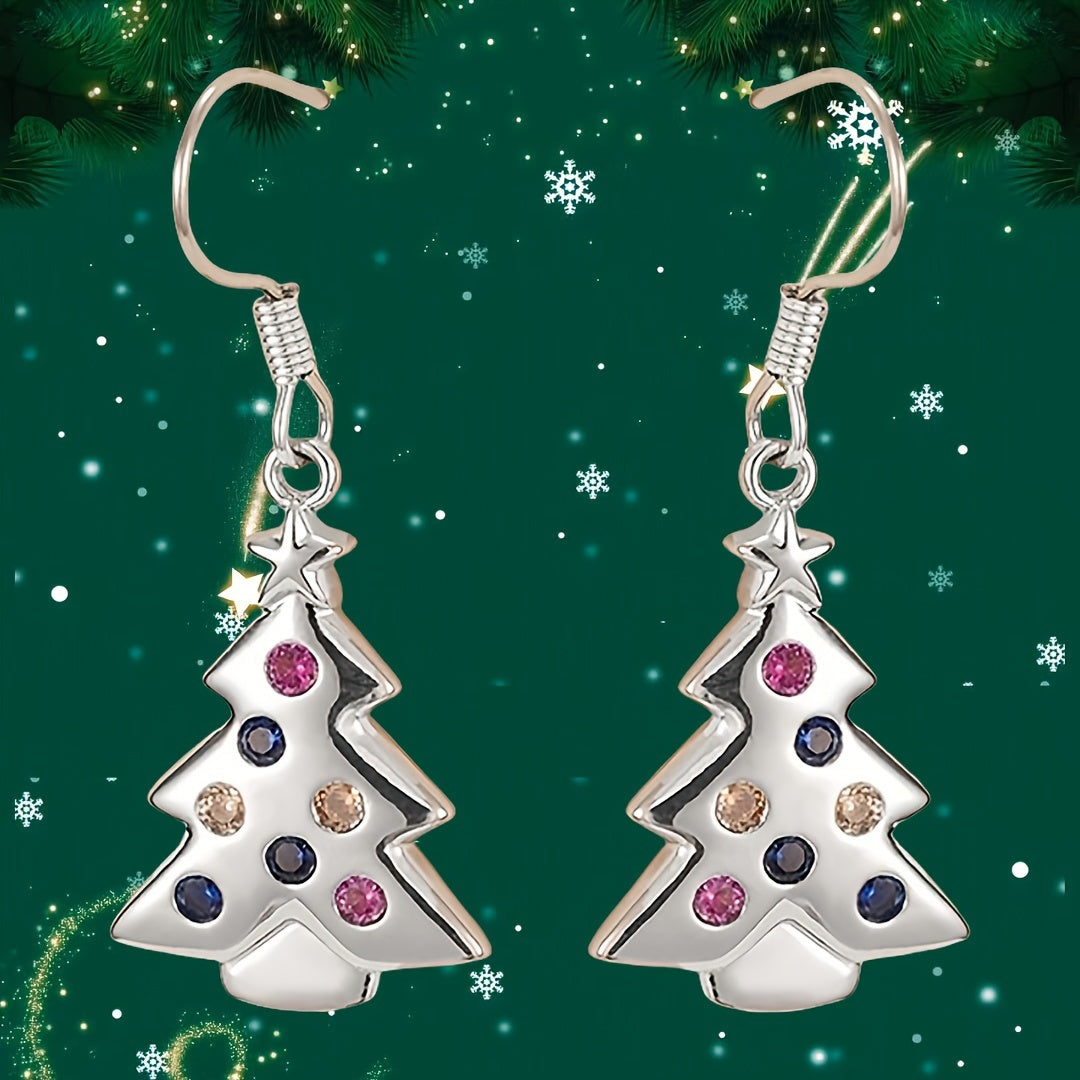 Ladies Elegant Christmas Tree Pendant Earrings, Colored Synthetic Cubic Zirconia, Lovely Holiday Themed Copper Hook Earrings, Nickel Plated Lead Free, Perfect for Everyday and Party Occasions - 1 Pair