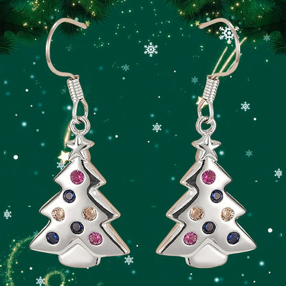 Ladies Elegant Christmas Tree Pendant Earrings, Colored Synthetic Cubic Zirconia, Lovely Holiday Themed Copper Hook Earrings, Nickel Plated Lead Free, Perfect for Everyday and Party Occasions - 1 Pair