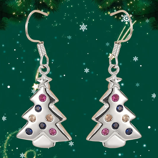 Ladies Elegant Christmas Tree Pendant Earrings, Colored Synthetic Cubic Zirconia, Lovely Holiday Themed Copper Hook Earrings, Nickel Plated Lead Free, Perfect for Everyday and Party Occasions - 1 Pair