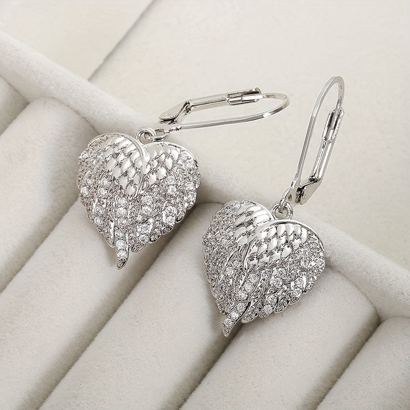 Elegant angel wings heart-shaped sparkling zircon trim retro elegant pendant earrings silver-plated jewelry lover gift