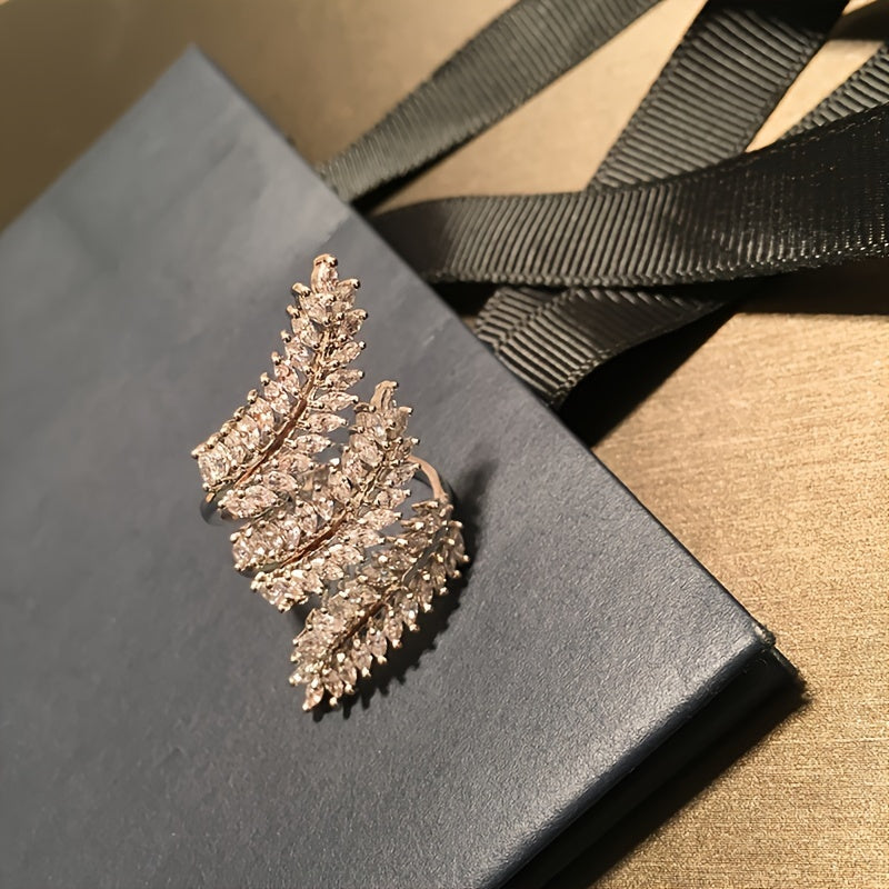 Luxury personality open adjustable olive branch ring inlaid with shiny Zirconia, Women's daily wear party and banquet accessories