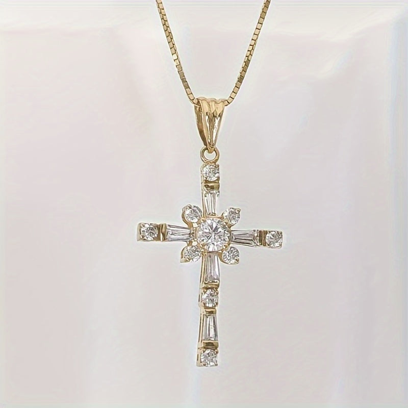 Elegant cross pendant necklace inlaid with zircon, fashionable princess necklace accessory, suitable for women
