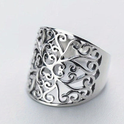 Bohemian Vintage Pattern 925 Silver Plated Hollow Wide Ring Ladies Wedding Ring Anniversary Gift