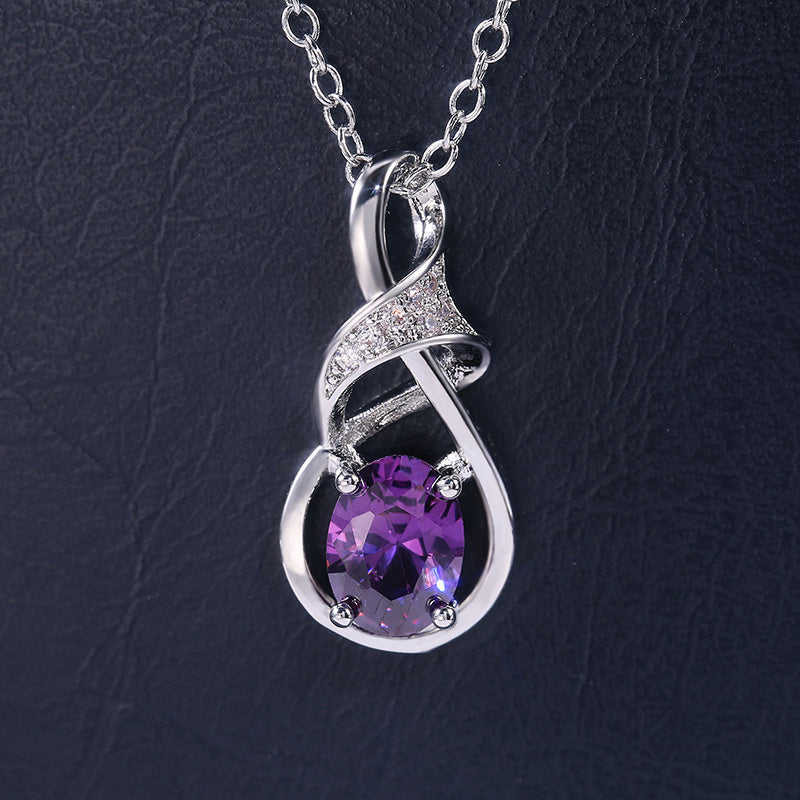 Elegant Silver Tone Oval Amethyst Pendant Necklace with Cubic Zirconia - Perfect for Weddings with Everyday Glamour, February Birthstone