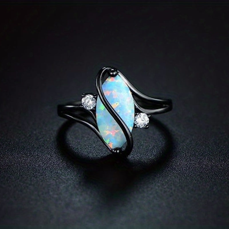 Punk style ring inlaid with oval opal black belt represents mystery, suitable for men and women to match daily clothing party accessories
