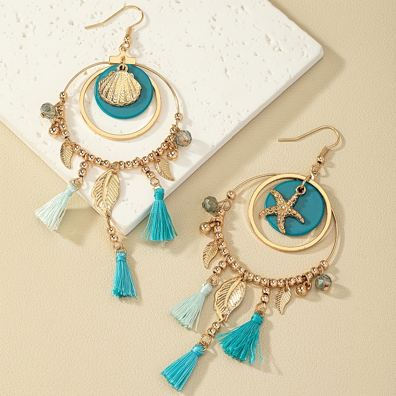 Hollow Round Design Metal Leaf Fringe Pendant Starfish Shell Decorative Hanging Earrings Bohemian Vacation Style Exquisite Women's Gift