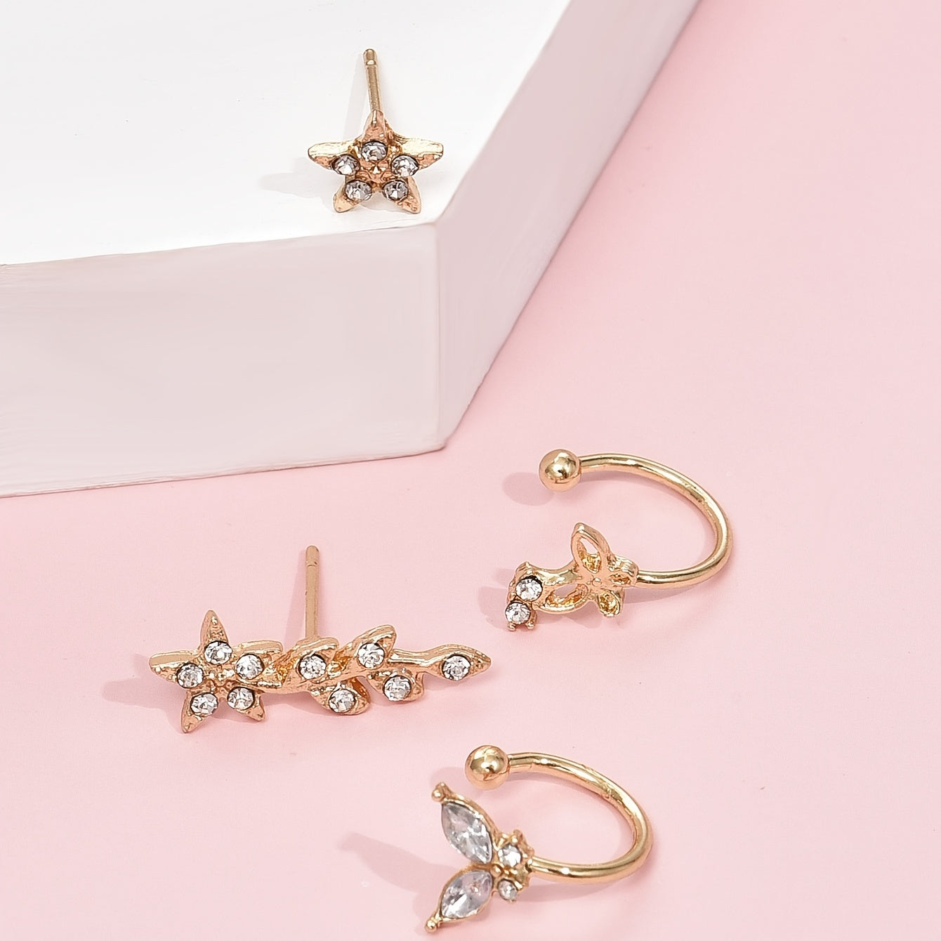 4 pieces/set Hollow Creative Butterfly Starleaf Crystal Earrings No Earclip Jewelry