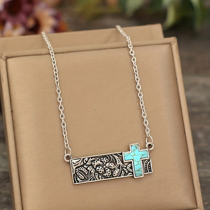 Vintage Square Turquoise Floral Cross Necklace Vintage Bohemian Necklace Jewelry Gifts