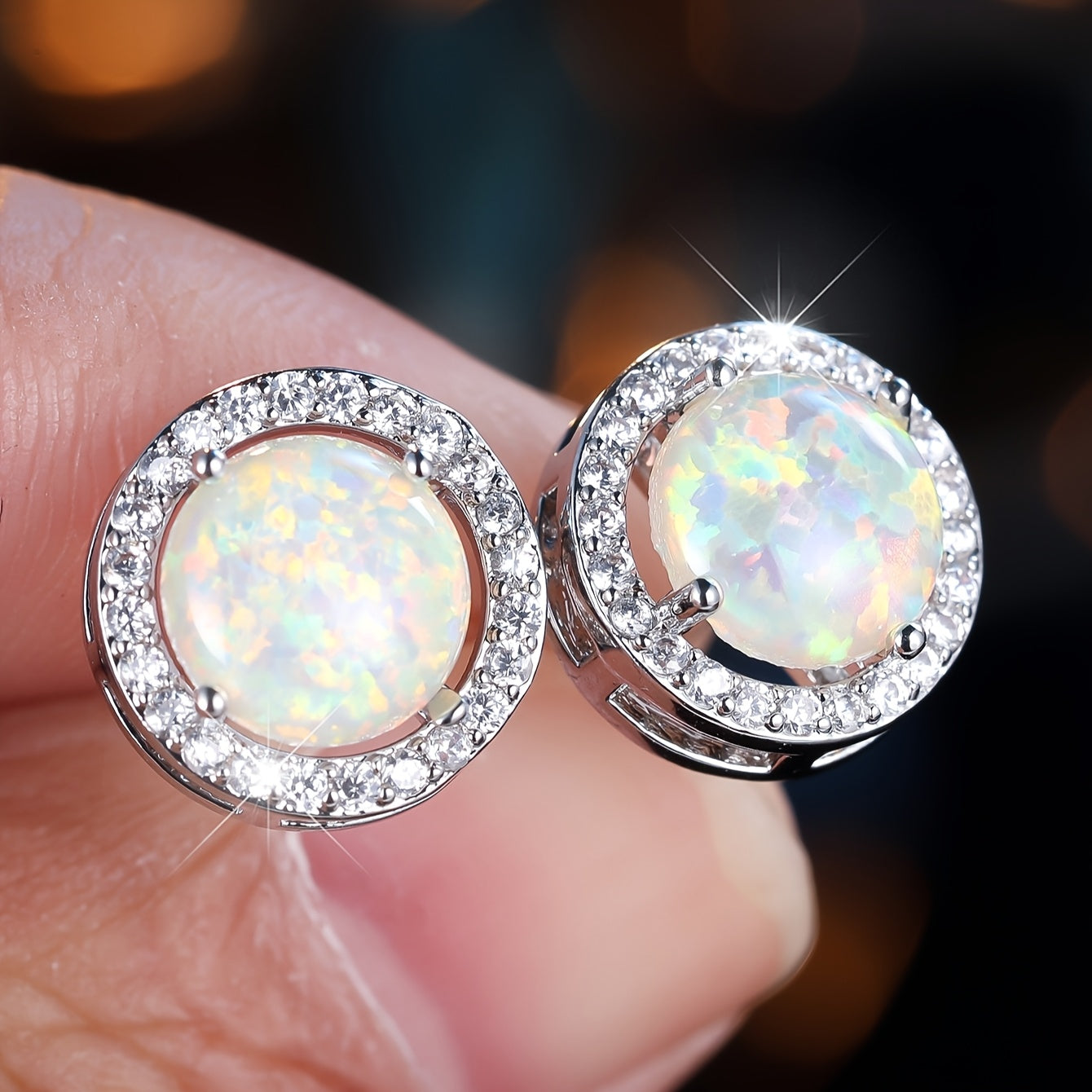 A pair of elegant white and blue opal round earrings with cubic zirconia halo - perfect for weddings, parties and Valentine's Day gifts, party accessories | occasions | zirconia decoration