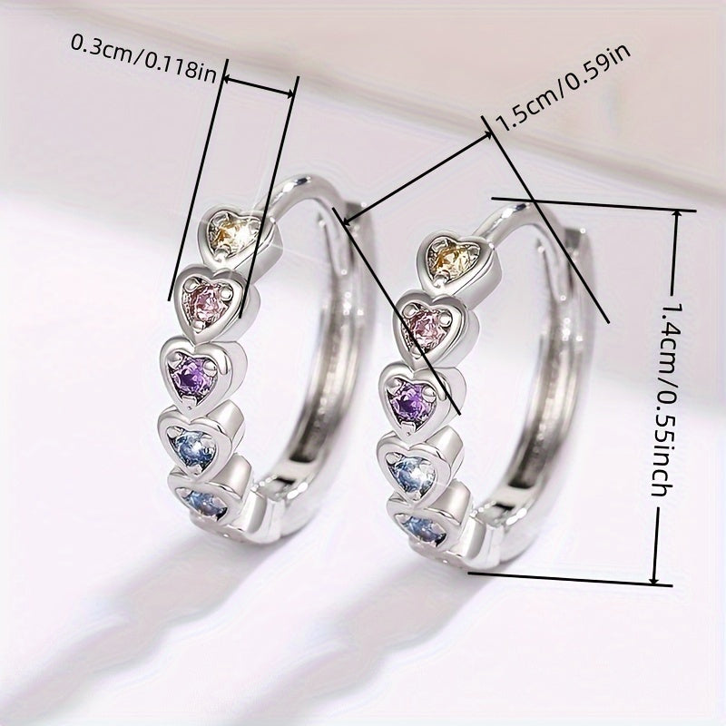 Colorful heart-shaped zircon inlaid hollow round ring earrings, elegant casual style for daily wear, women's dating earrings