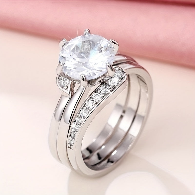 Exquisite 925 silver-plated zircon ring set, anniversary gift, wedding engagement jewelry set, ring 2-piece set.