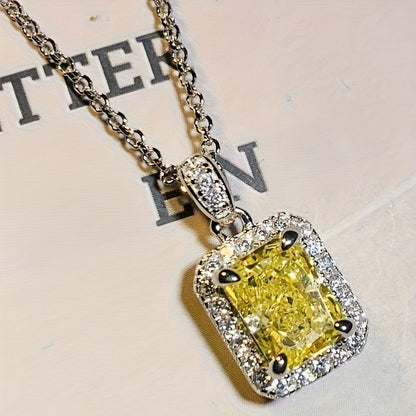Elegant yellow rectangular synthetic gemstone pendant necklace with zircon embellishment, women's daily casual vacation jewelry, suitable for sweet dates, birthday gifts