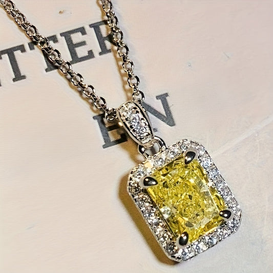 Elegant yellow rectangular synthetic gemstone pendant necklace with zircon embellishment, women's daily casual vacation jewelry, suitable for sweet dates, birthday gifts
