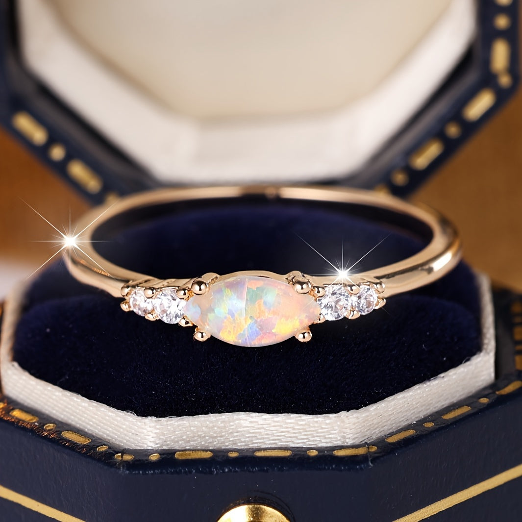 1 Elegant Bohemian Copper Ring with Synthetic Opal, Oval Cut Handmade Jewelry, Ladies Engagement Wedding Accessories, Four Seasons Versatile, Wedding Ring