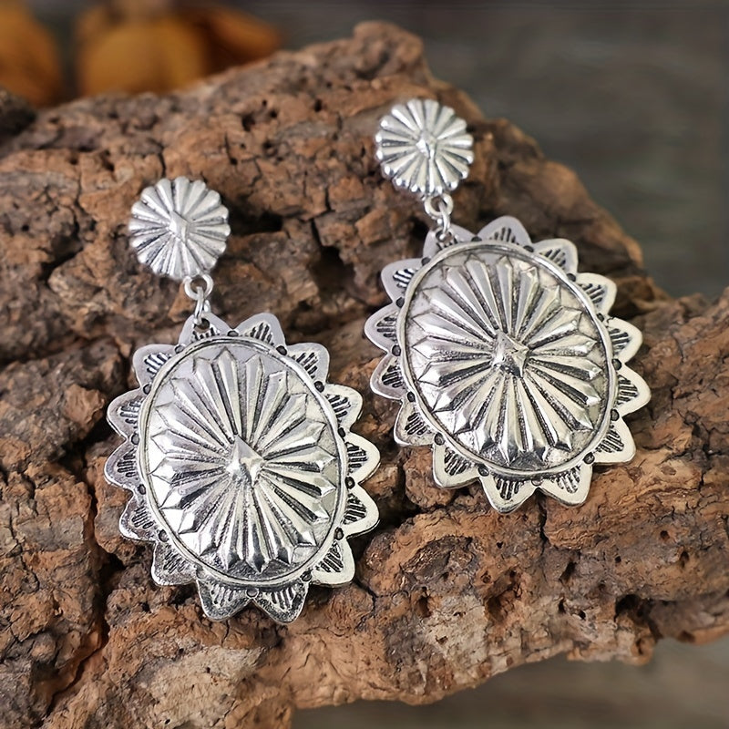 Silver Flower Pattern Carved Pendant Earrings Vintage Ethnic Style Alloy Jewelry Exquisite Women's Gifts Daily Casual