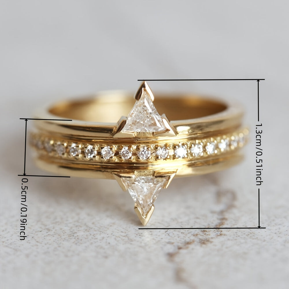 Vintage luxury triangle zircon anniversary ring for women, synthetic April birthstone, three-claw inlay, copper belt inlaid zircon mosaic, perfect for parties and banquets, Valentine's Day jewelry gifts