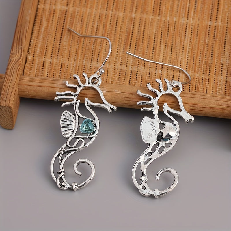 Ocean Blue Stone Hook Drop Earrings with Seahorse Animal Vintage Metal Design Ladies