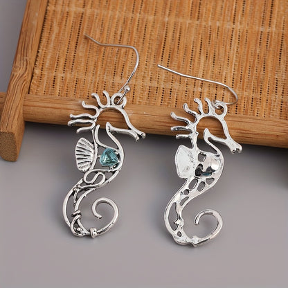 Ocean Blue Stone Hook Drop Earrings with Seahorse Animal Vintage Metal Design Ladies