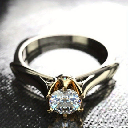 Elegant Two Tone 925 Silver Plated Gold Claw Zirconia Single Stone Lady Ring - Perfect for Engagements and Weddings, April Birthstone, All Seasons