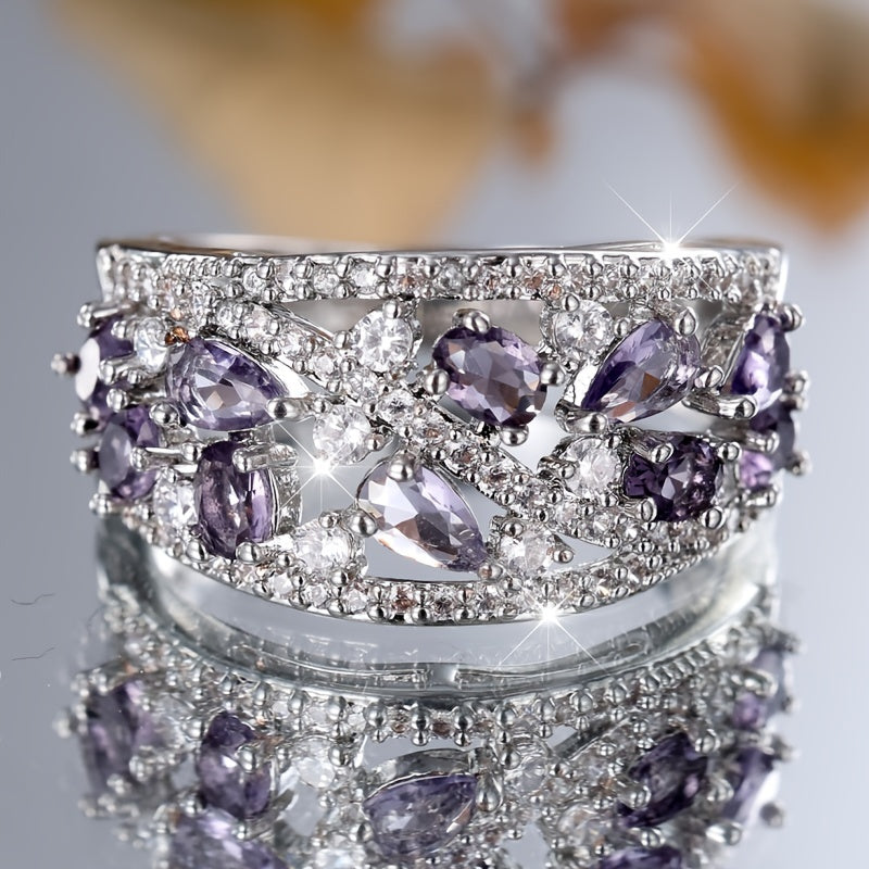 Elegant Bohemian Women's Broadband Ring - Luxurious skeleton design with sparkling purple and transparent square crystal Zirconia, perfect for engagements, weddings and parties, engagement rings | Elegant Jewelry | Sparkling Gemstones