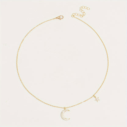 Delicate Zirconia Star Moon Pendant Collarbone Chain Women's Necklace Birthday Party Gift for Eid al-Fitr, Ramadan