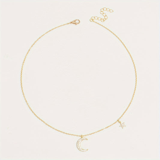 Delicate Zirconia Star Moon Pendant Collarbone Chain Women's Necklace Birthday Party Gift for Eid al-Fitr, Ramadan