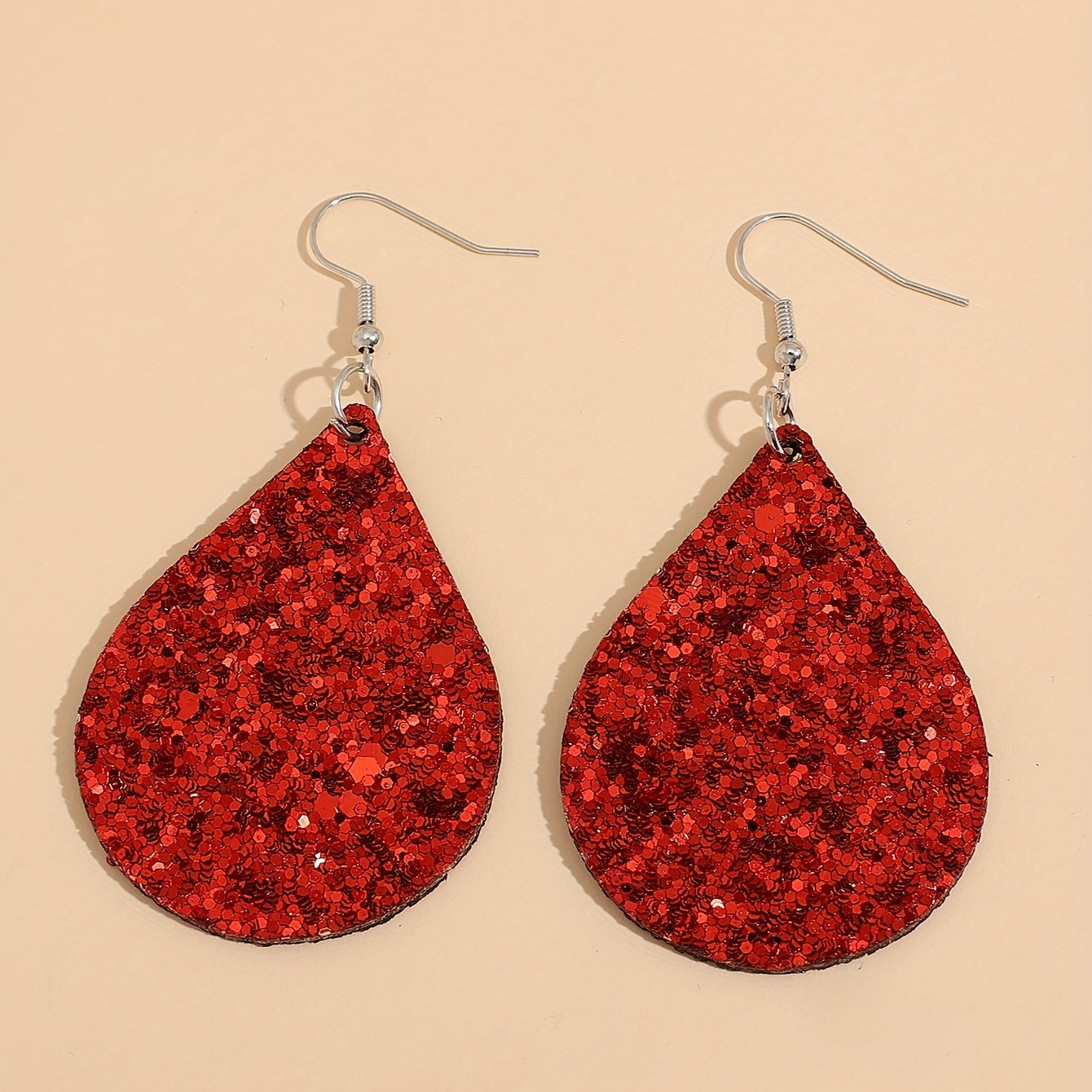 Christmas red water drop sequined PU leather earrings