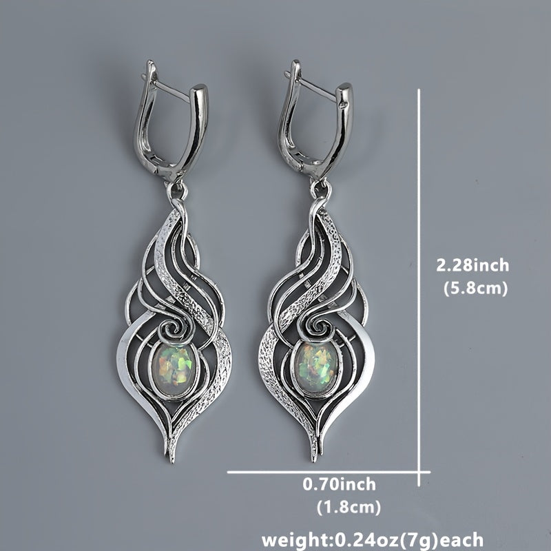 Bohemian Blue Opal Pendant Earrings - Vintage Silver Plated, Zinc Alloy with Copper Studs, Perfect Gift for Ladies