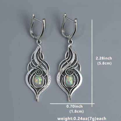 Bohemian Blue Opal Pendant Earrings - Vintage Silver Plated, Zinc Alloy with Copper Studs, Perfect Gift for Ladies