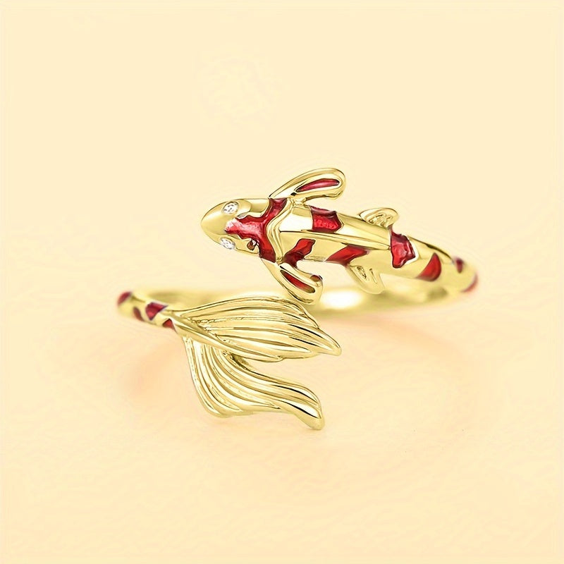 Elegant Koi Fish Enamel Open Ring for Women, Adjustable Personality Ring, Synthetic Zirconia Copper Bottom, April Birthstone, Party and Casual Attire Accessories, Unique Vacation Style Animal Themed Jewelry
