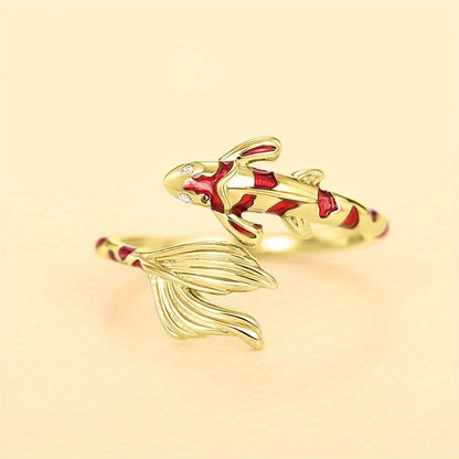Elegant Koi Fish Enamel Open Ring for Women, Adjustable Personality Ring, Synthetic Zirconia Copper Bottom, April Birthstone, Party and Casual Attire Accessories, Unique Vacation Style Animal Themed Jewelry