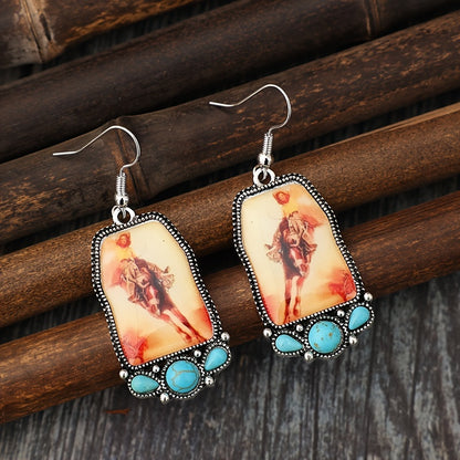New ethnic style equestrian girl Epoxy geometric inlaid turquoise alloy earrings pair