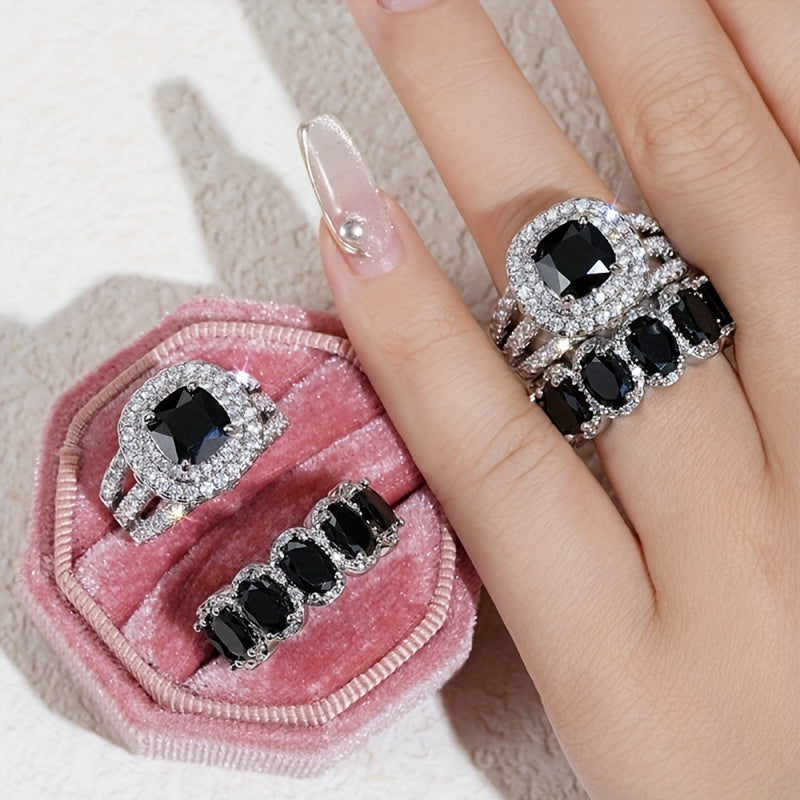 2 Luxury Engagement Rings Set with Sparkle Cubic Zirconia 4-Claw Synthetic Pink Gemstone Ring Set, Sparkle Style, Ladies Party Wedding Jewelry (No Box)