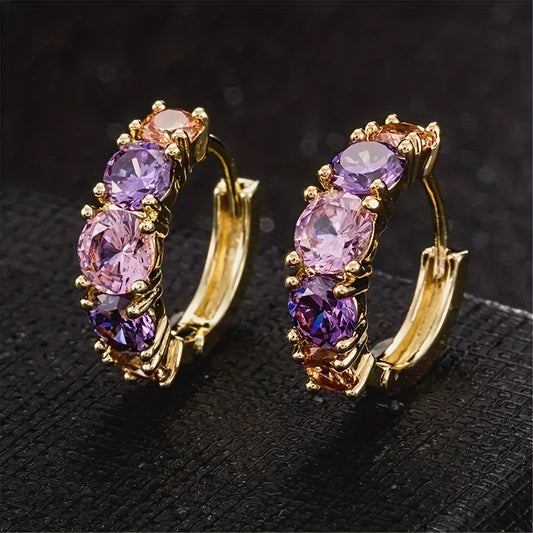 18K Gold Plated Hoop Earrings With Colorful zirconia Inlaid Elegant Vintage Style Dating Wedding Earrings For Women Girls