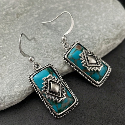 Square Turquoise Pendant Earrings Vintage Bohemian Ethnic Temperament Zinc Alloy Synthetic Gemstone 925 Silver Plated Material Party Engagement Female Gift
