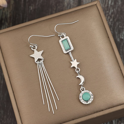 Fashion Asymmetrical Star Moon Tassel Pendant Earrings, Glass Inlay - Ladies Silver Alloy Fashion Jewelry