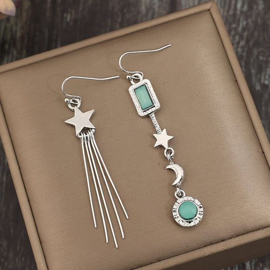 Fashion Asymmetrical Star Moon Tassel Pendant Earrings, Glass Inlay - Ladies Silver Alloy Fashion Jewelry