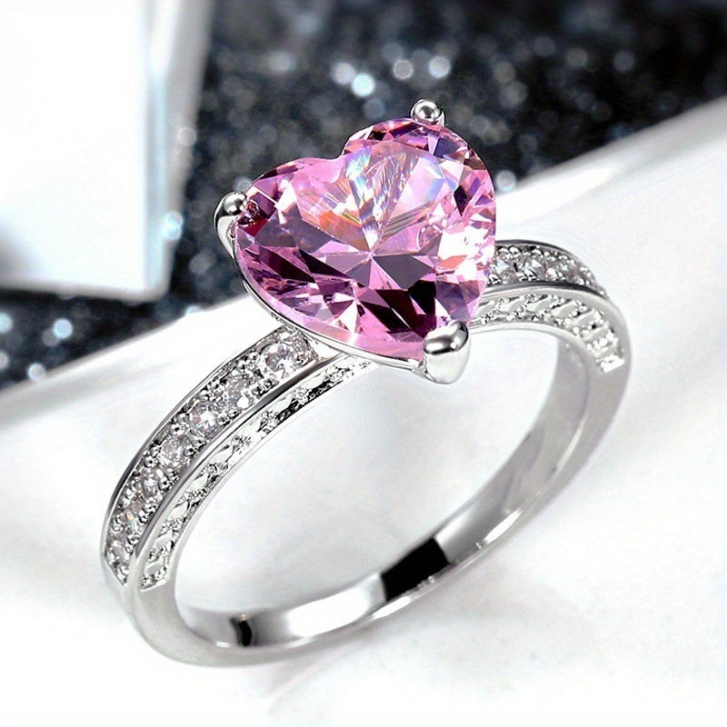 Luxury Pink Gemstone Engagement Heart Ring Women's Proposal Wedding Ring Girlfriend Exquisite Anniversary Gift