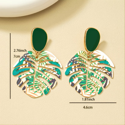 Exaggerated Green Leaf Design Dangle Earrings Alloy 14K Plated Jewelry Creative Gift For Women Girls