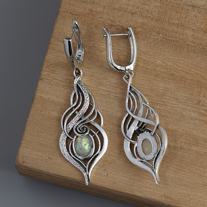 Bohemian Blue Opal Pendant Earrings - Vintage Silver Plated, Zinc Alloy with Copper Studs, Perfect Gift for Ladies