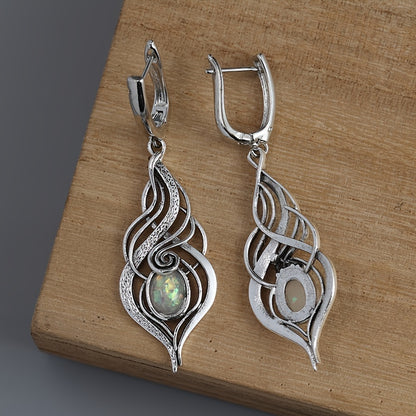 Bohemian Blue Opal Pendant Earrings - Vintage Silver Plated, Zinc Alloy with Copper Studs, Perfect Gift for Ladies